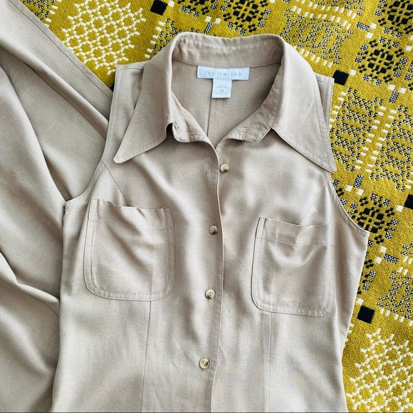 Vintage 90s The Limited Beige Raw Silk Button Front Collared Midi Safari Dress - Picture 4 of 12